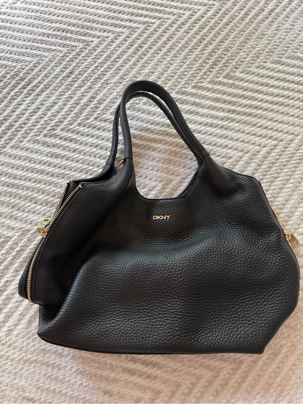 DKNY Black Pebbled Leather Zip-Top Tote with Gold Hardware